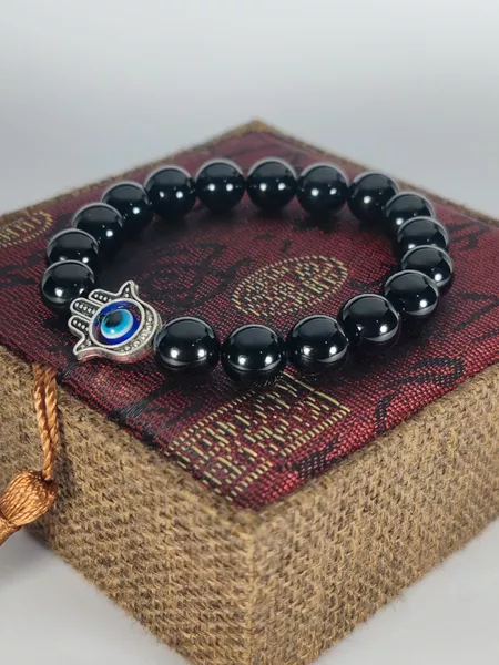 Black Onyx with “EVIL EYE HAMSA” Hand of Fatima Anti Evil Eye lucky charm elastic bracelet